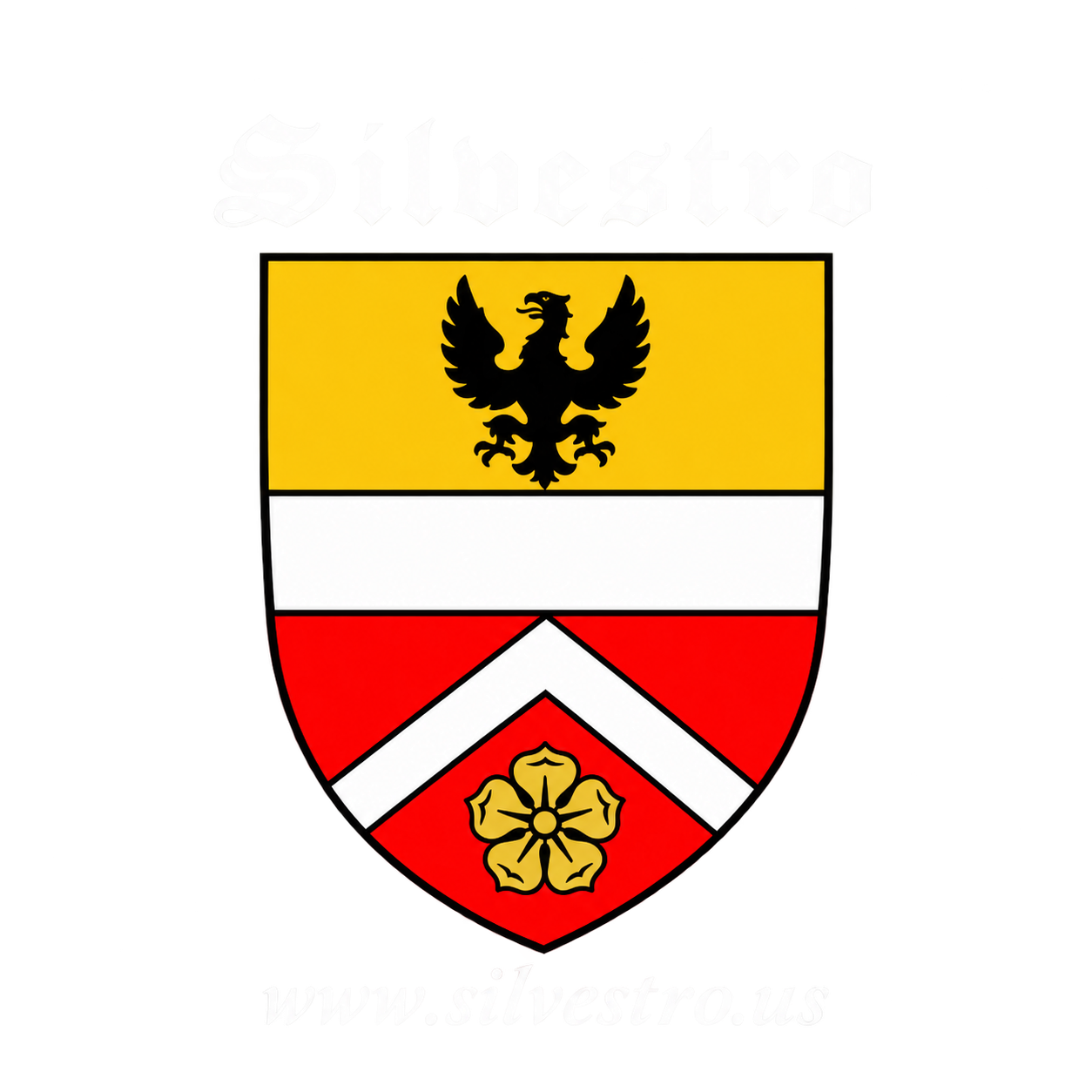 Silvestro family crest: gold and red shield with an eagle, white band and chevron, and gold flower